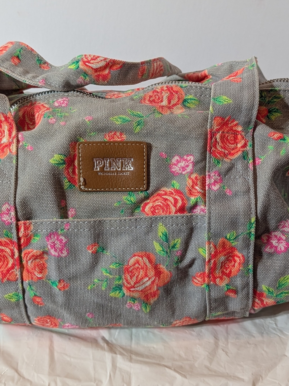 PINK by Victoria's Secret Floral Canvas Tote Bag in Gray w/Pink Roses